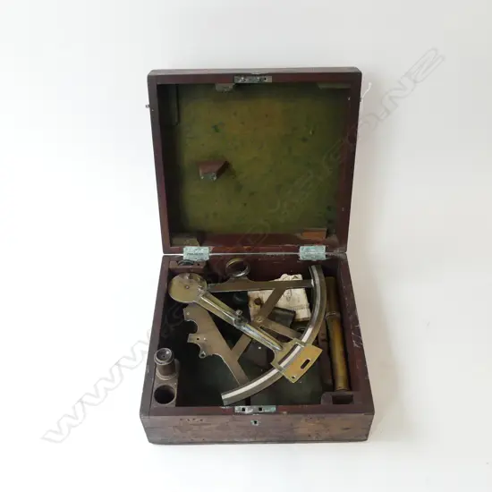 EARLY 20thC BOXED BRASS SEXTANT, OLD BILL OF FARE FROM 1912, (needs attention) 260 x 260mm
