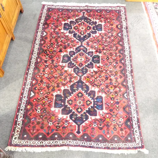 PERSIAN SHIRAZ ALL WOOL RUG 2050 x 1300mm with 3 dominant geometric linked medallions