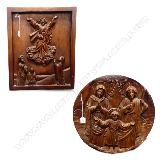 2 WOOD CARVED CHRISTIAN SCENES; FAULTS