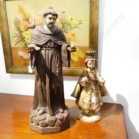 2 WOODEN CHRISTIAN FIGURES (SOME FAULTS); 1 w. ROASRY BEADS, LARGEST H.650mm