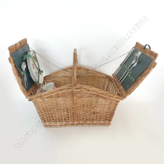 ENGLISH 'ANTLER' BRAND WICKER CANE PICNIC BASKET fitted with china set + thermos etc nearly complete
