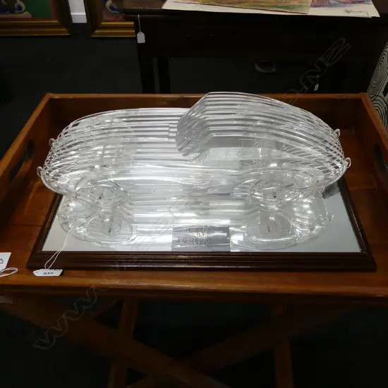 John Borrows made CLEAR LAMINATED PERPEX HAND MADE MODEL JAGUAR E TYPE ON MIRRORED BASE 485x335x150mm with provenance....