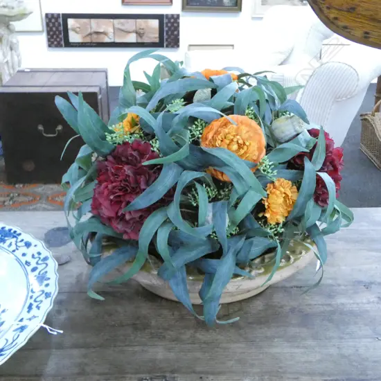 FAUX FLORAL ARRANGEMENT IN GLAZED BOWL 390mm dia