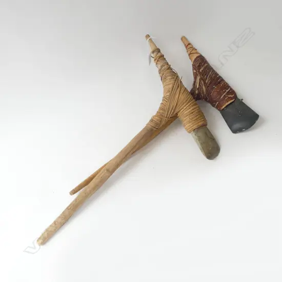 2 WOODEN PACIFIC ISLAND HANDLED STONE ADZES LASHED w SENNIT BINDING, L.560 x 390mm (a few borer holes in handles)