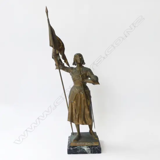 JEAN-D'ARC BRONZE GILT FIGURINE ON MARBLE BASE; Signed CARAVANNIEZ (ALFRED) & F. BARBADIENNE FONDEUR, H.580mm