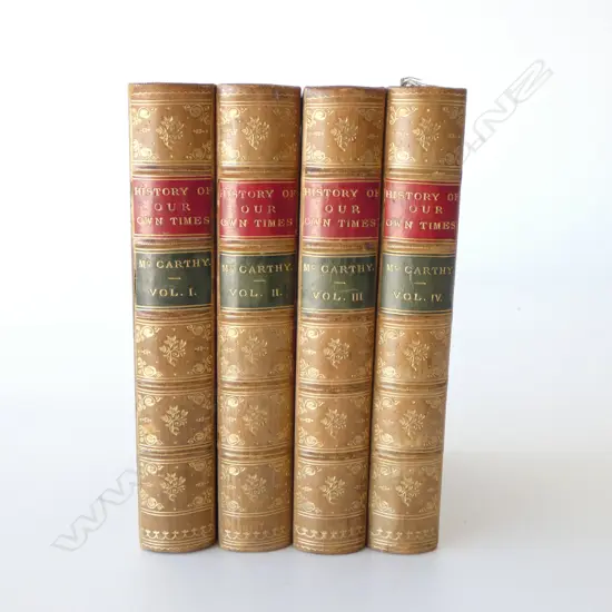 4 VOLS. ANTIQUE DECORATIVE LEATHER BOOKS watered end papers 'HISTORY OF OUR OWN TIMES' 1882 walnut look leather boards