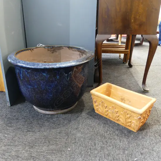 LG BLUE GLAZED PLANTER POT H.330mm, 490mm dia + ANOTHER W.305mm