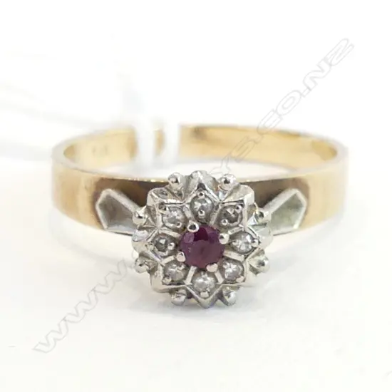 9CT  RED STONE & DIAMOND RING 2.7 GM SIZE N
