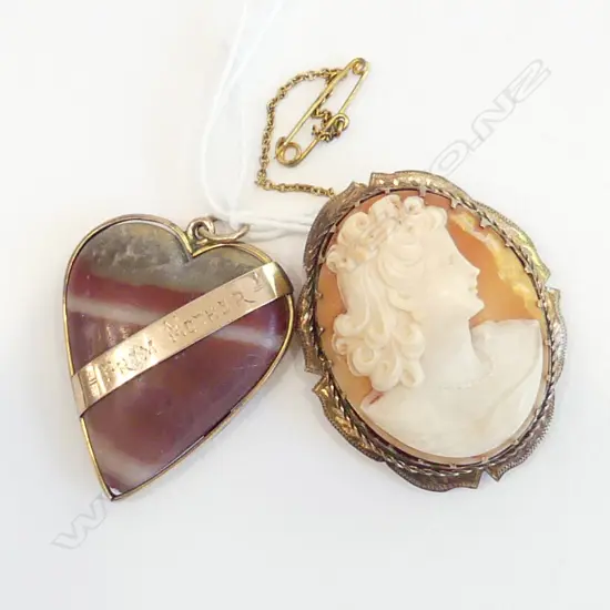 9CT CAMEO 40x35mm + 9CT AGATE HEART PENDANT