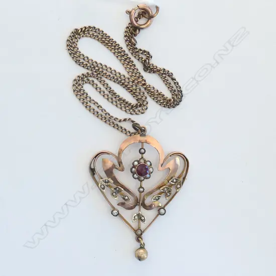 9CT EDWARDIAN SEED PEARL & GARNET PENDANT NECKLACE 6.5 GM