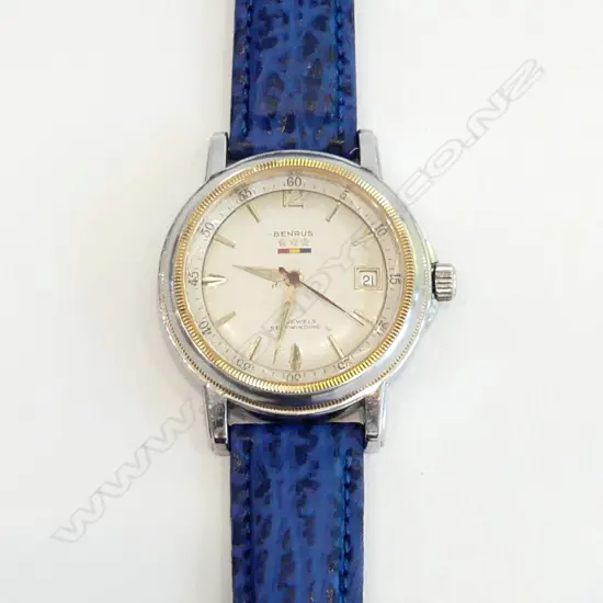 GENTS BENRUS WRIST WATCH - STAINLESS STEEL w. GILDED BEZEL
