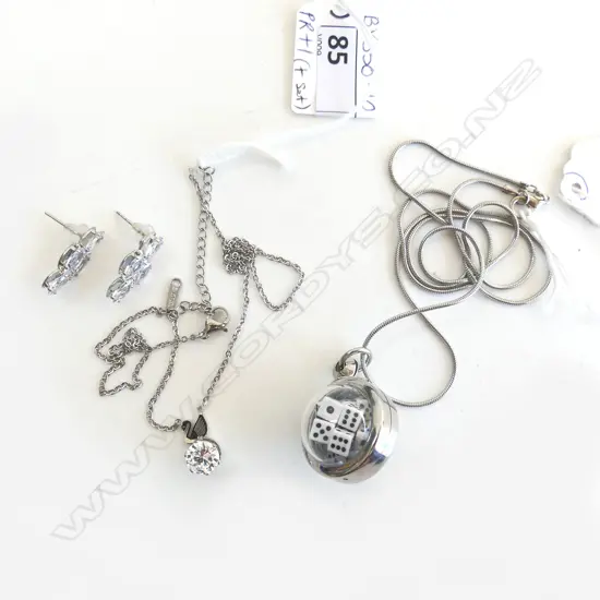 STAINLESS STEEL & FAUX DIAMOND FASHION JEWELLERY PENDANT & CHAIN + EARRINGS +GLOBE PENDANT W DICE INSIDE
