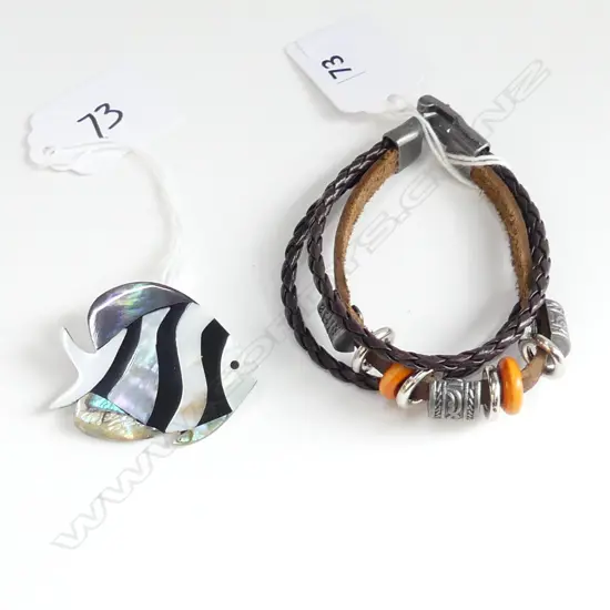 LEATHER & BEAD BRACELET & POLISHED SHELL FISH BROOCH