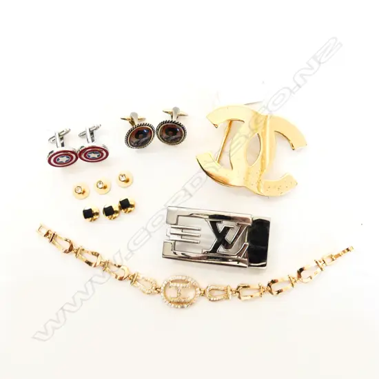 FAUX CHANEL & LV BELT BUCKLES, A HERMES STYLED BRACELET & COLLECTION OF CUFFLINKS & TIE PINS