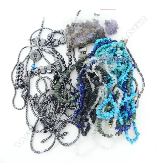 ASSTD GEM CHIP NECKLACES, LOSE BEADS & COLLECTION OF NEMATITE JEWELERY