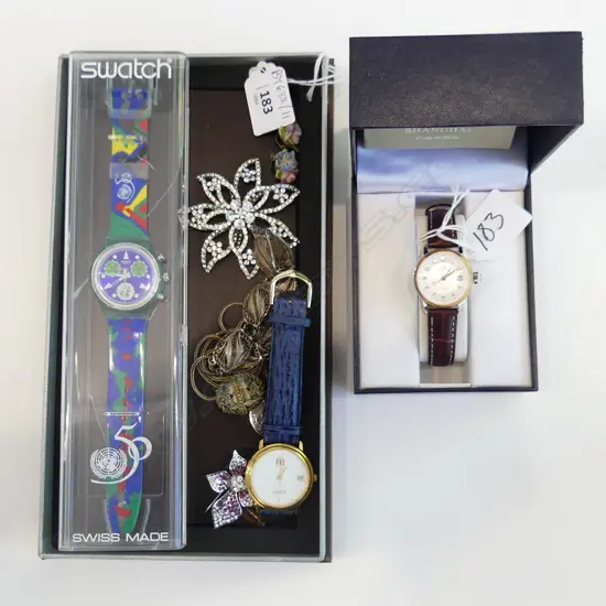 ASST. COSTUME JEWELLERY + 3 WRIST WATCHES & WALLET, BOXED