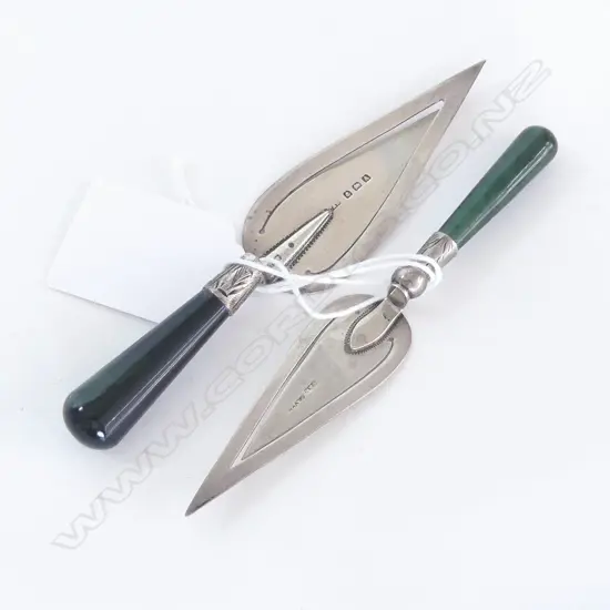 2 SILVER & GREENSTONE HANDLE PAGE MARKERS trowel form  1 colonial 1 English