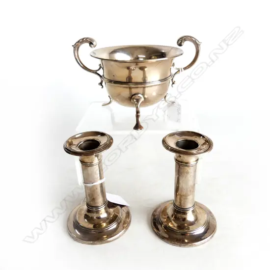 3 PCES STG SILVER; FOOTED BOWL LONDON 1900 228gms + PR CANDLESTICKS H.95mm