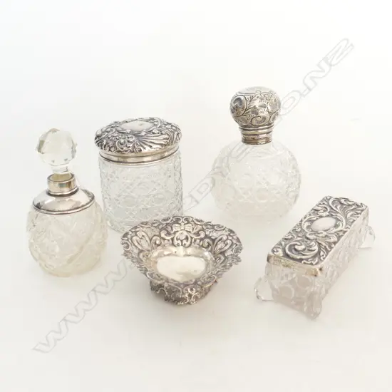 4 STG & CRYSTAL CONTAINERS + STG PIN DISH 