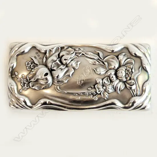 STG SILVER ART NOUVEAU FLORAL EMBOSSED LID BIRMINGHAM 1911 L.135MM