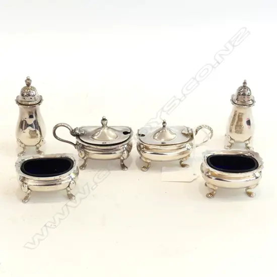 6 PIECE SILVER PLATED CRUET SET 2 SALTS, 2 PEPPER SHAKERS, & 2 MUSTARD POTS MADE IN ENGLAND