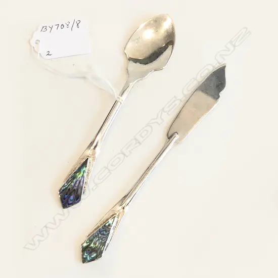NZ STERLING SILVER & PAUA ART DECO BUTTER KNIFE & JAM SPOON STAMPED STG SILVER L.150MM