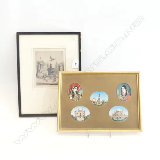 A J MEYER FRAMED ENGRAVING AND 5 MOUNTED OVAL MINITURES 320 X 240 MM