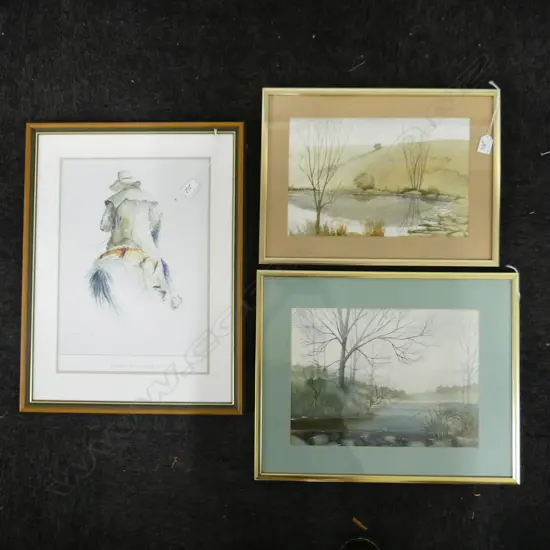 3 ARTWORKS: MICHAEL PONDER 'THE DROVER' PRINT + 2 LANDSCAPE WCs 265365mm