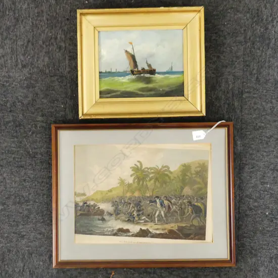 19thC ARTIST UNKNOWN 'FISHING VESSEL OFF YARMOUTH' OIL ON BOARD, 185x240mm + DEATH OF CAPTAIN COOK ENGRAVING (NO GLASS) 