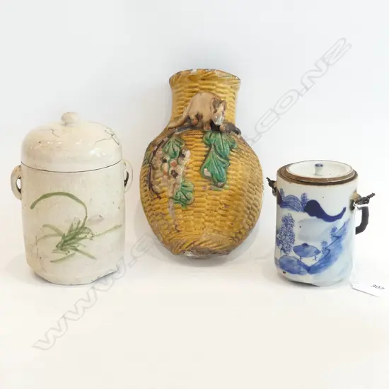 3 PCES CHINESE CERAMICS: 2 LIDDED CONTAINERS + WALL MOUNTED VASE H.180mm