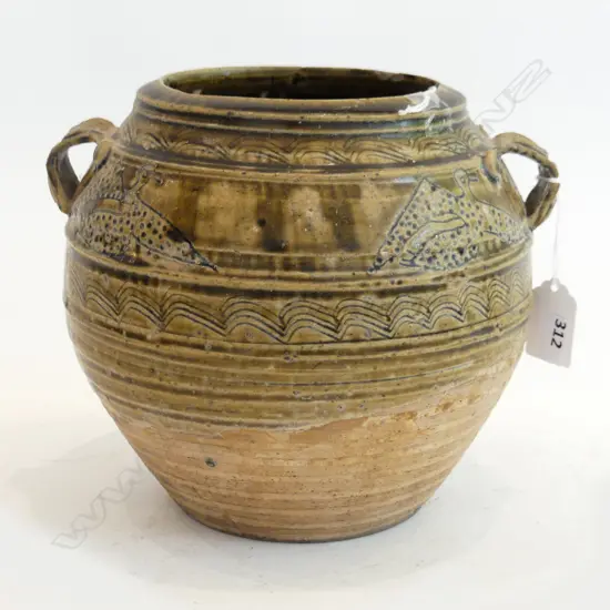 LATE 19THC SOUTH EAST ASIAN JAR WITH SGRAFFITO BIRD DECORATION H 190 MM