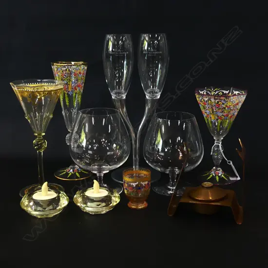 4 VENETIAN GLASSES, PR BRANDY BALLOONS, PR TEA LIGHTS + ANOTHER IN COPPER, MOET DOUBLE GLASS