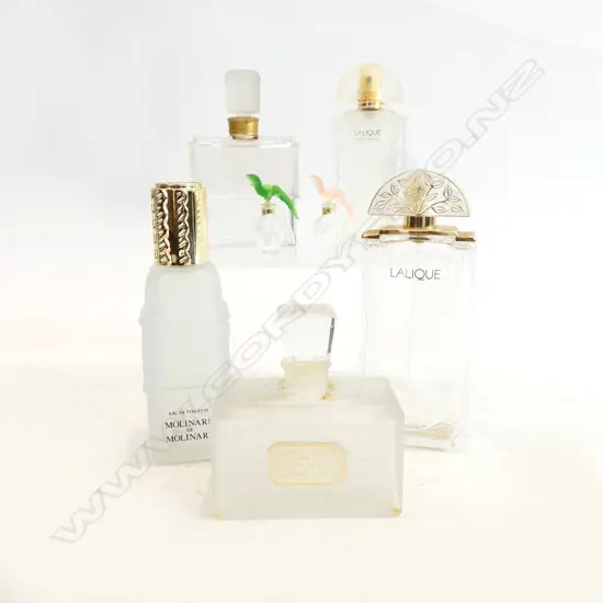 7 PERFUME BOTTLES: LALIQUE, DIOR H.150mm, 2 MINIATURE H.50mm