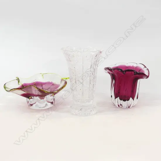 3 VASES; 2 CZECH RUBY GLASS 220mm dia, CRYSTAL H.205mm