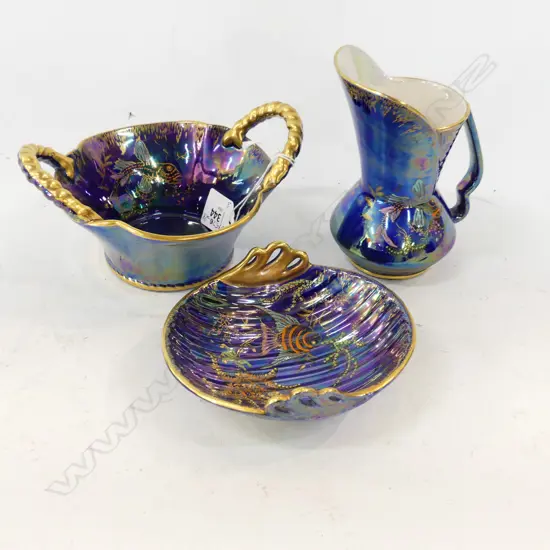 TRIO 1930s CROWN DEVON LUSTREWARE, BLUE w FISH DESIGN