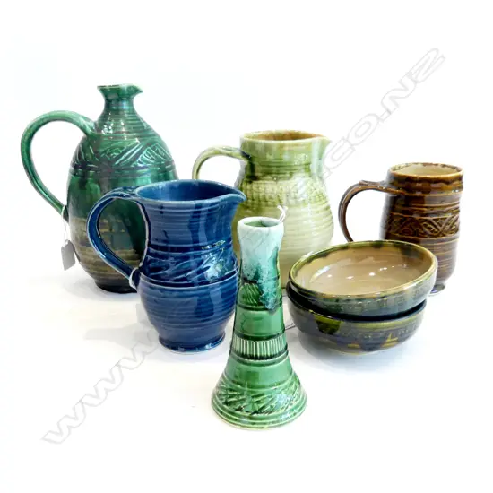 7PCS PAUL WALSH STUDIO POTTERY 3 JUGS TALLEST 240MM 2 DISHES DIA 130MM MUG & VASE