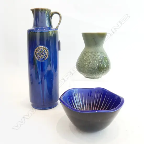 LRG BLUE  'SOHOLM STENTOJ' PITCHER NORDLY RANGE, H.320mm & SWEDISH RORSTRAND BOWL & GREEN MID CENTURY GERMAN VASE