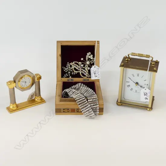 2 CLOCKS + INLAID BOX w. ASST. COSTUME JEWELLERY, DIAMANTE ETC