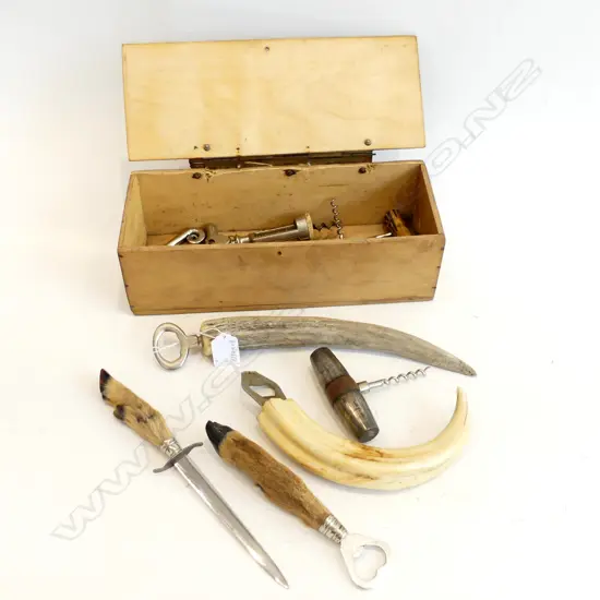 ASST BOTTLEOPENERS AND CORK SCREWS INCLUDING ONE LARGE SOUTH AFRICAN WART HOG TUSK