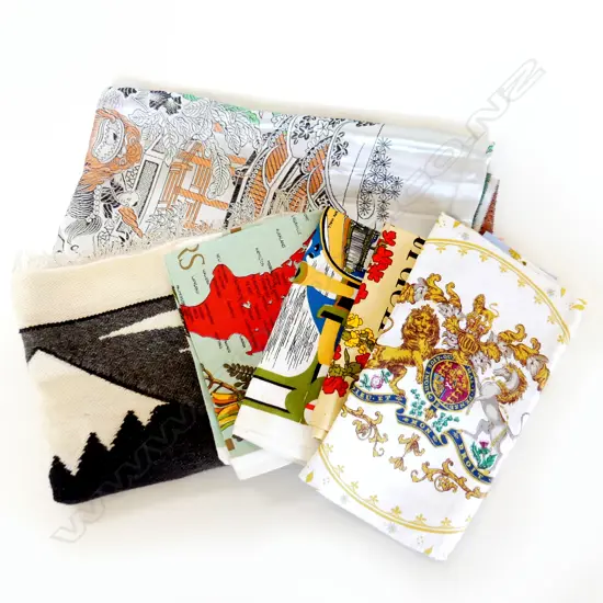 7 PCS; LRG VINTAGE CHINESE TABLECLOTH, 4 UNUSED LINEN TEA TOWELS & SML ANDEAN WOOL WOVEN RUG & BLACK PASHMINA