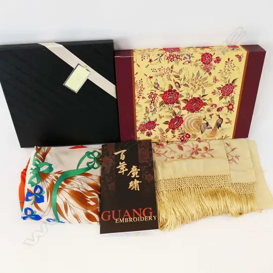 2 BOXED SILK SCARVES; 1 w. GUANG EMBROIDERY 