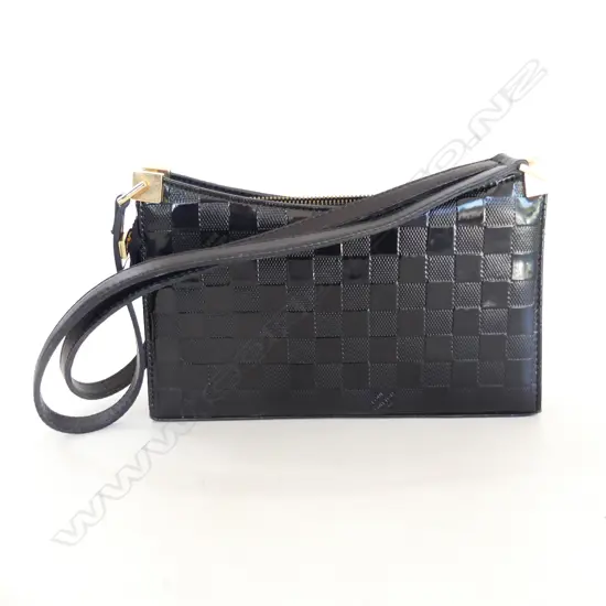 BLACK PATENT & GOLD FAUX LOUIS VUITON STYLE OVER SHOULDER BAG