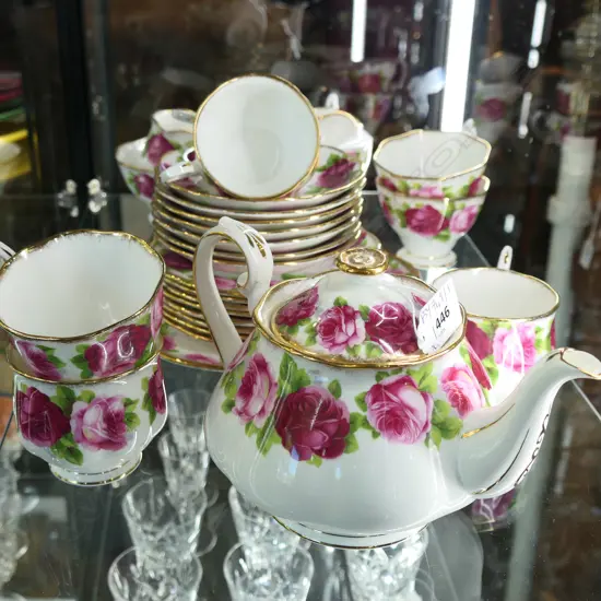 ROYAL ALBERT 'OLD ENGLISH ROSE' TEA SET; TEAPOT, 7 TRIOS, 2 MILK JUGS, SUGAR BOWL