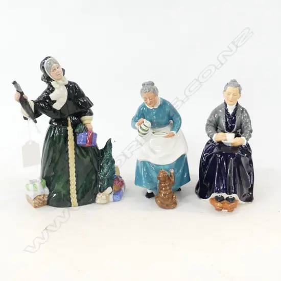 3 ROYAL DOULTON FIGURINES: THE CUP OF TEA, THE FAVOURITE & CHRISTMAS PARCELS H.220mm