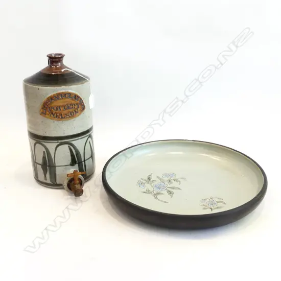 LARGE NZ STUDIO POTTERY BOWL DIA390MM & LISSART CLAYTON POTTERY FLAGON H330MM