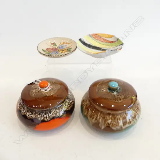 2 MID CENTURY LIDDED POTS & 2 SML ITALIAN DISHES