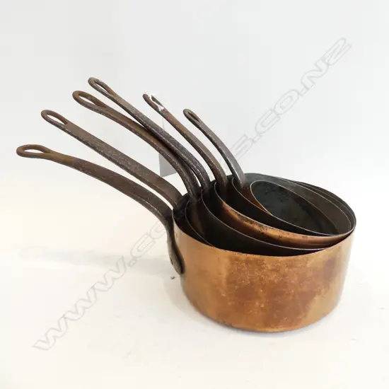 SET OF 6 HEAVY FRENCH COPPER POTS L 390 MM