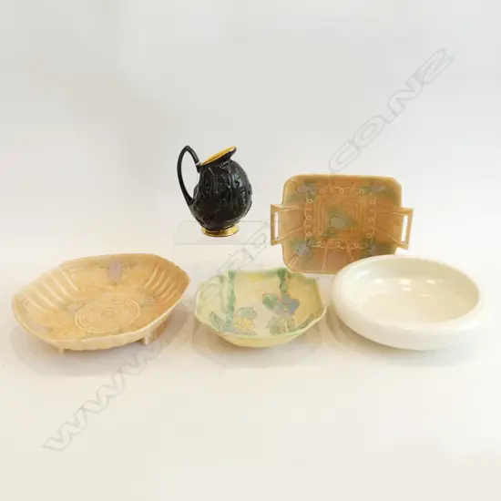 5 PCS ENGLISH ART DECO, 3 CROWN DEVON DISHES & BESWICK DISH & JUG.