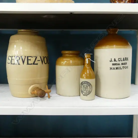 4 PCES STONEWARE; 3 CROCKS INCL 'SERVEZ-VOUS' H.320mm + GREY & MENZIES BOTTLE