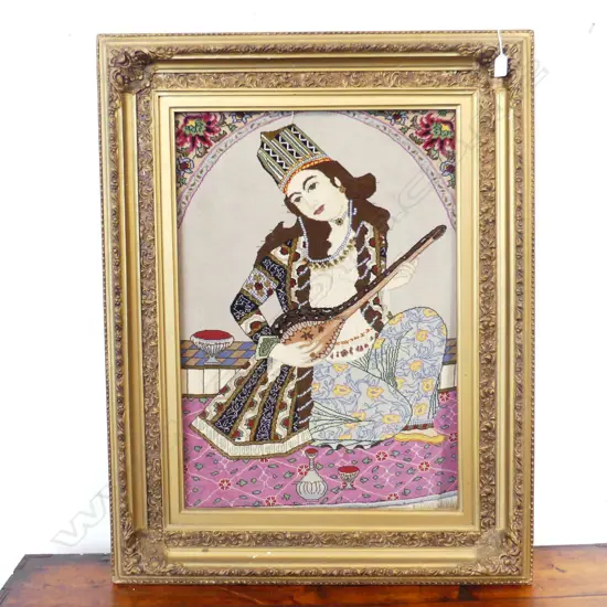 FINE WOOL ON COTTON HAND KNOTTED PICTURE RUG (WOMAN MUSICIAN) 770 X 500mm
